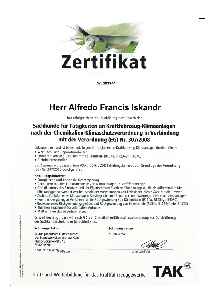 Kfz-Klimaanlagen Sachkunde